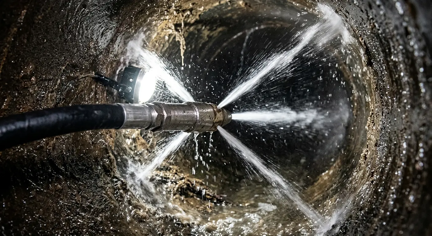 High-pressure hydro jetting nozzle cleaning sewer pipe for Sewer Cleanout in Monument
