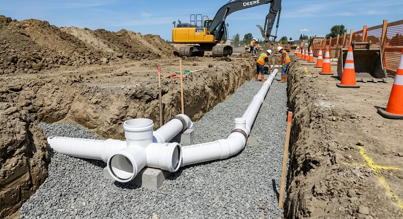 New PVC sewer pipe installation in open trench for Sewer Backup in Monument
