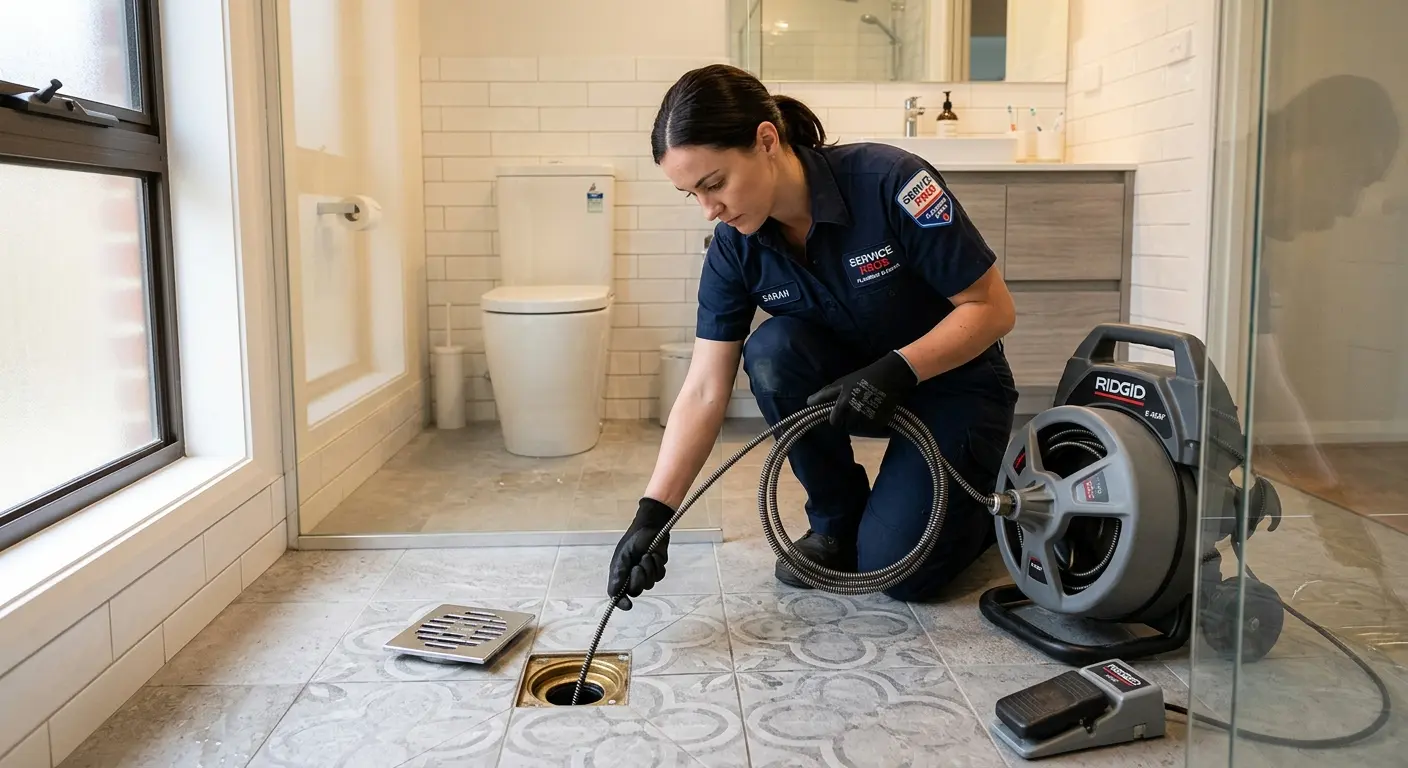 Technician clearing a bathroom floor drain for Drain Repair in Monument